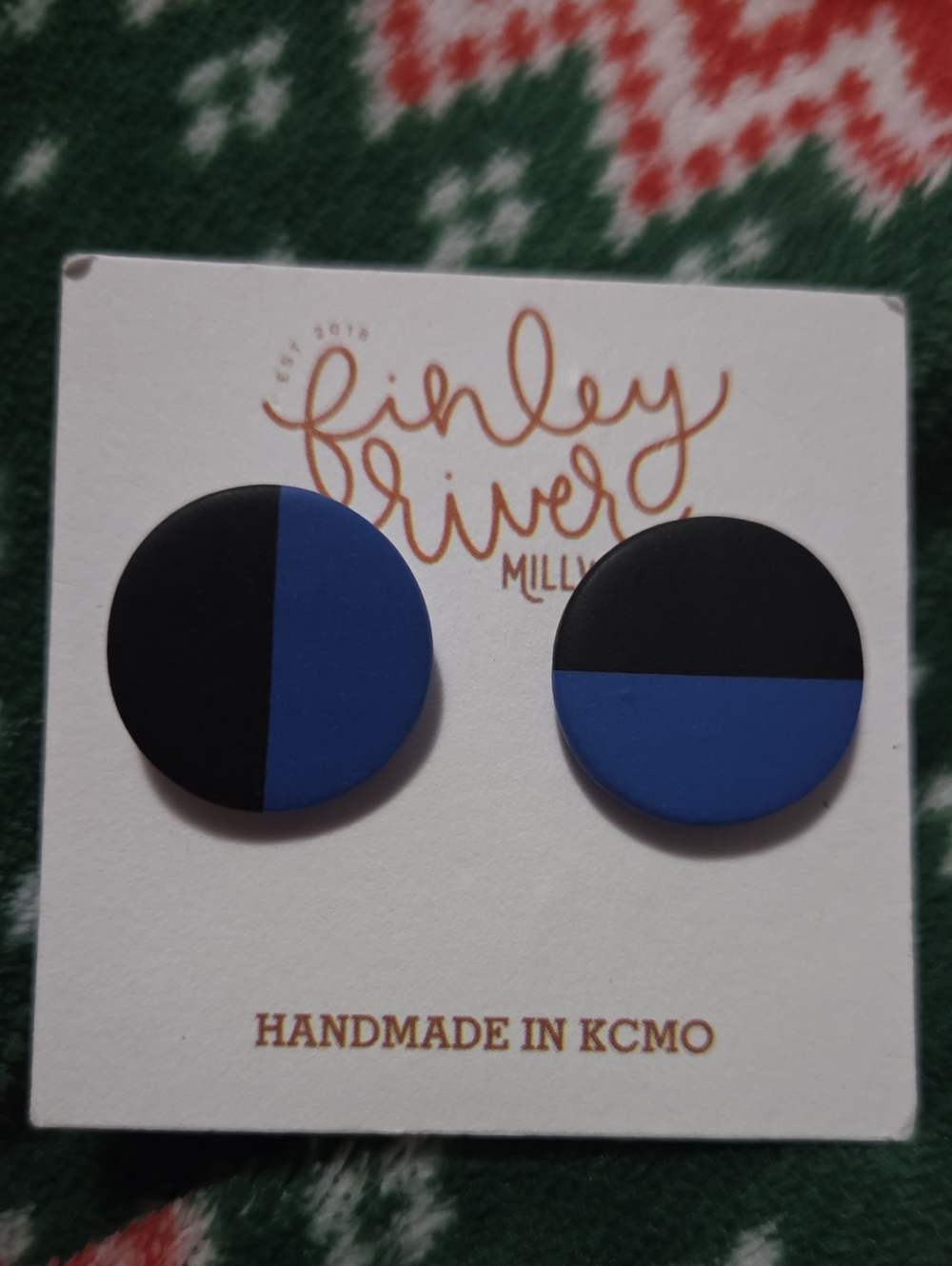 Matte Black & Blue Round Stud Earrings NEW